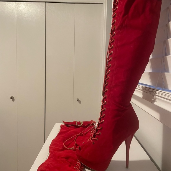 Red Lace-Up Stiletto Boots - Picture 3 of 4